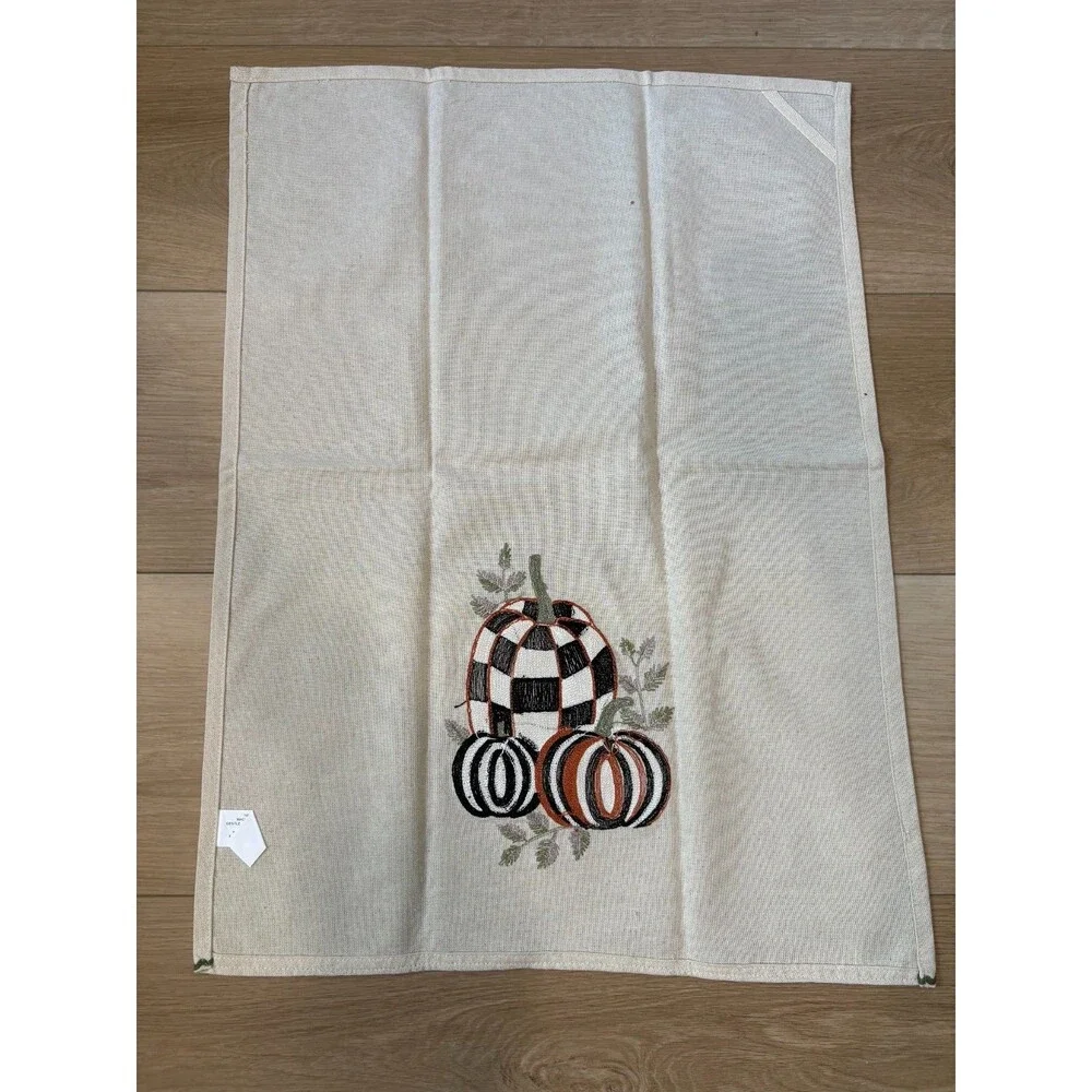 Set of 2 Pumpkin Kitchen Hand Towels Embroidered Fall Halloween Checkerboard